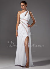 A-Line/Princess One-Shoulder Sweep Train Chiffon Prom Dress With Ruffle Beading (018005081)