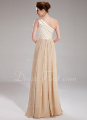 A-Line/Princess One-Shoulder Floor-Length Chiffon Charmeuse Prom Dress With Ruffle Beading (018004859)