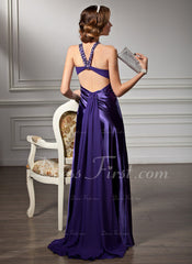 A-Line/Princess V-neck Watteau Train Chiffon Charmeuse Prom Dress With Ruffle Beading (018004881)