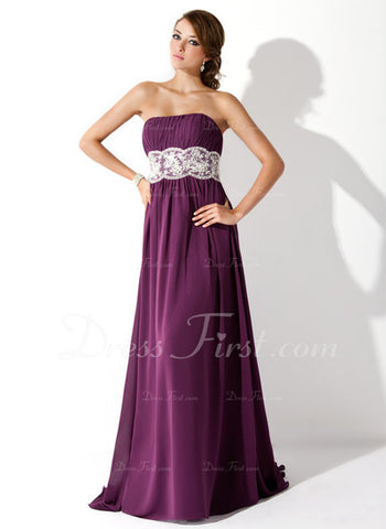 Empire Strapless Sweep Train Chiffon Prom Dress With Ruffle Lace Beading (018005060)