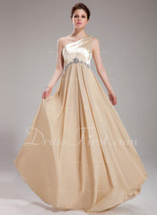 A-Line/Princess One-Shoulder Floor-Length Chiffon Charmeuse Prom Dress With Ruffle Beading (018004859)