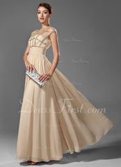 A-Line/Princess Scoop Neck Floor-Length Chiffon Prom Dress With Ruffle Beading (018005069)