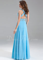 A-Line/Princess V-neck Floor-Length Chiffon Prom Dress With Ruffle Beading Sequins (018004867)