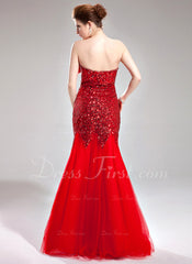 Trumpet/Mermaid Sweetheart Floor-Length Tulle Sequined Prom Dress With Flower(s) (018005082)