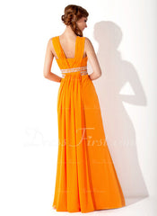 A-Line/Princess V-neck Floor-Length Chiffon Prom Dress With Ruffle Beading (018004849)