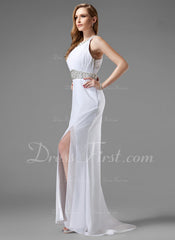 Trumpet/Mermaid Scoop Neck Sweep Train Chiffon Prom Dress With Ruffle Beading (018004915)