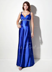 Empire V-neck Sweep Train Charmeuse Prom Dress With Ruffle Beading (018002669)