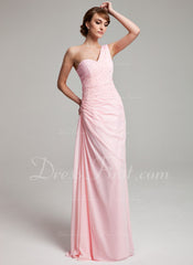 A-Line/Princess One-Shoulder Floor-Length Chiffon Prom Dress With Ruffle Beading (018004880)