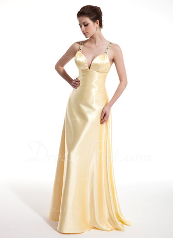 A-Line/Princess V-neck Floor-Length Charmeuse Prom Dress With Ruffle Beading (018004804)