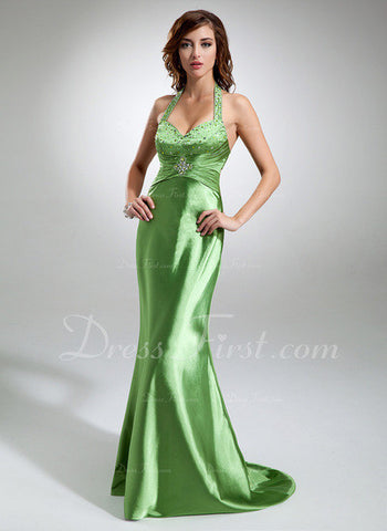 Trumpet/Mermaid Halter Sweep Train Charmeuse Prom Dress With Ruffle Beading (018002832)