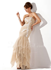 Trumpet/Mermaid Sweetheart Floor-Length Chiffon Tulle Prom Dress With Ruffle Lace (018004825)