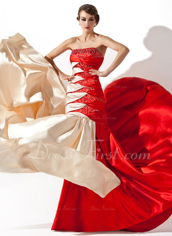 A-Line/Princess Strapless Court Train Charmeuse Prom Dress With Ruffle Beading Sequins (018005066)