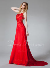 A-Line/Princess Halter Sweep Train Charmeuse Prom Dress With Ruffle Beading (018002780)