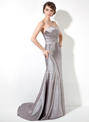 Trumpet/Mermaid Strapless Sweep Train Charmeuse Prom Dress With Ruffle Beading Sequins (018004895)