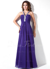 A-Line/Princess V-neck Floor-Length Chiffon Prom Dress With Ruffle Beading (018004819)