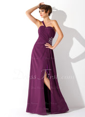 A-Line/Princess One-Shoulder Floor-Length Chiffon Prom Dress With Ruffle Beading (018004872)