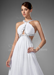 A-Line/Princess Scoop Neck Sweep Train Chiffon Prom Dress With Ruffle Beading (018002320)