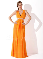 A-Line/Princess V-neck Floor-Length Chiffon Prom Dress With Ruffle Beading (018004849)