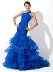 Trumpet/Mermaid One-Shoulder Sweep Train Organza Prom Dress With Ruffle Beading (018005077)