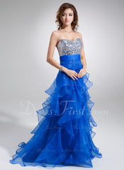 A-Line/Princess Sweetheart Sweep Train Organza Sequined Prom Dress With Ruffle (018004862)