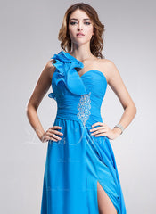 A-Line/Princess One-Shoulder Floor-Length Chiffon Prom Dress With Ruffle Beading (018004809)