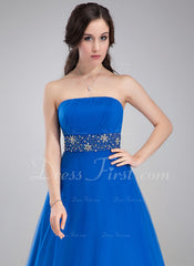 A-Line/Princess Strapless Floor-Length Tulle Prom Dress With Ruffle Beading (018002491)