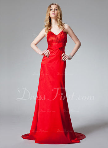 A-Line/Princess Halter Sweep Train Charmeuse Prom Dress With Ruffle Beading (018002780)