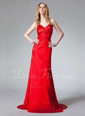 A-Line/Princess Halter Sweep Train Charmeuse Prom Dress With Ruffle Beading (018002780)