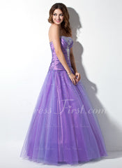 A-Line/Princess Sweetheart Floor-Length Taffeta Tulle Prom Dress With Ruffle Beading (018005057)