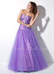 A-Line/Princess Sweetheart Floor-Length Taffeta Tulle Prom Dress With Ruffle Beading (018005057)