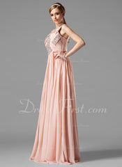 A-Line/Princess One-Shoulder Floor-Length Chiffon Prom Dress With Ruffle Beading Sequins (018004824)