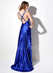 Empire V-neck Sweep Train Charmeuse Prom Dress With Ruffle Beading (018002669)