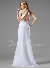 Trumpet/Mermaid Scoop Neck Sweep Train Chiffon Prom Dress With Ruffle Beading (018004915)