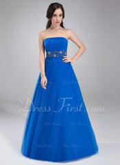 A-Line/Princess Strapless Floor-Length Tulle Prom Dress With Ruffle Beading (018002491)