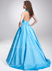 A-Line/Princess Halter Sweep Train Satin Prom Dress With Ruffle Beading (018002743)