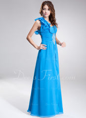 A-Line/Princess One-Shoulder Floor-Length Chiffon Prom Dress With Ruffle Beading (018004809)