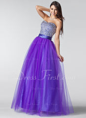 A-Line/Princess Sweetheart Floor-Length Tulle Charmeuse Prom Dress With Ruffle Beading Sequins (018004898)