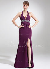 Trumpet/Mermaid Halter Sweep Train Chiffon Prom Dress With Beading (018004886)