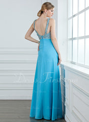 A-Line/Princess V-neck Floor-Length Chiffon Prom Dress With Ruffle Beading Sequins (018004840)