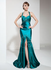 Trumpet/Mermaid Halter Sweep Train Charmeuse Prom Dress With Ruffle Beading (018002823)