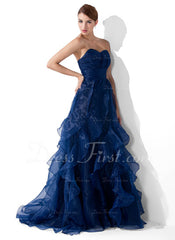 A-Line/Princess Sweetheart Sweep Train Organza Prom Dress With Ruffle (018004861)