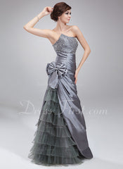 Sheath Sweetheart Floor-Length Taffeta Tulle Prom Dress With Ruffle Beading Sequins (018004873)