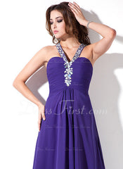 A-Line/Princess V-neck Floor-Length Chiffon Prom Dress With Ruffle Beading (018004819)