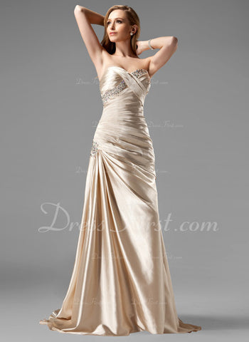 A-Line/Princess Sweetheart Sweep Train Charmeuse Prom Dress With Ruffle Beading Sequins (018004806)