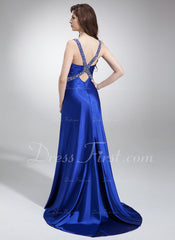 A-Line/Princess V-neck Sweep Train Charmeuse Prom Dress With Ruffle Beading (018002831)