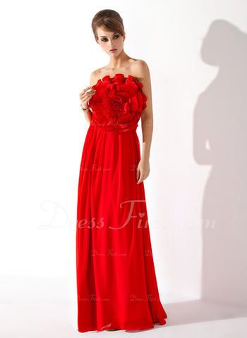 A-Line/Princess Strapless Floor-Length Chiffon Prom Dress With Flower(s) (018004788)