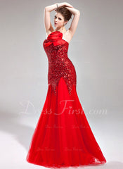 Trumpet/Mermaid Sweetheart Floor-Length Tulle Sequined Prom Dress With Flower(s) (018005082)