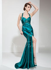 Trumpet/Mermaid Halter Sweep Train Charmeuse Prom Dress With Ruffle Beading (018002823)