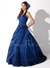 Ball-Gown Halter Sweep Train Taffeta Prom Dress With Ruffle Beading (018004996)