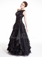 A-Line/Princess One-Shoulder Floor-Length Taffeta Tulle Sequined Prom Dress With Ruffle (018004860)